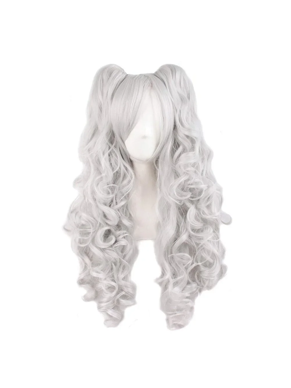 Women's Silver Grey 28 Inch Lolita Long Curly 2 Ponytails Clip On Cosplay Wigs